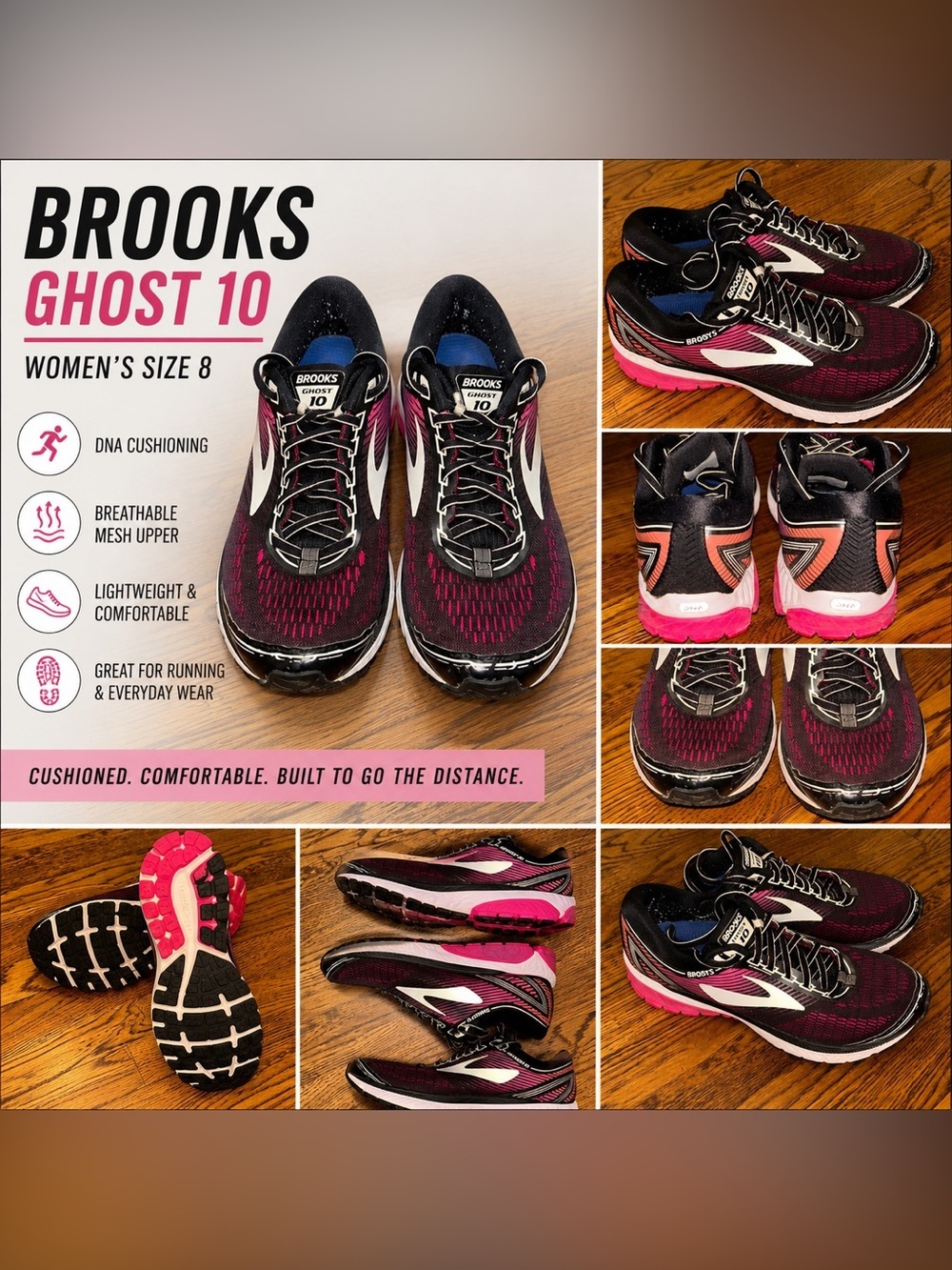 Brooks Ghost 10 Running Shoes Women’s Size 8 Black Pink Athletic Sneakers
